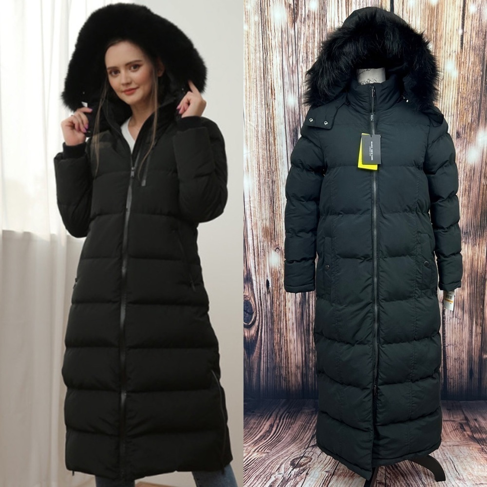 ANDREW Marc Black Tambos Long Puffer Faux Fur Trim Hood Jacket